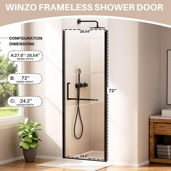 Yingze 28 in. W x 72 in. H Pivot Frameless Shower Door in Matte