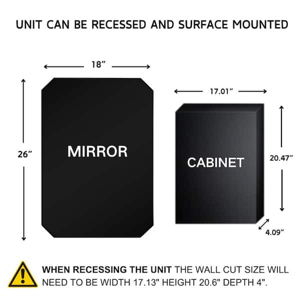 TEHOME 18 in. W x 26 in. H Arched Metal Rectangular Recessed and Surface Mount Medicine Cabinet with Mirror in Matt Black