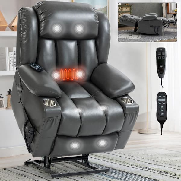 Gray Faux Leather Motor Power Lift Recliner Massage Chair with Lumbar Heating, Stainless steel Cup Holders
