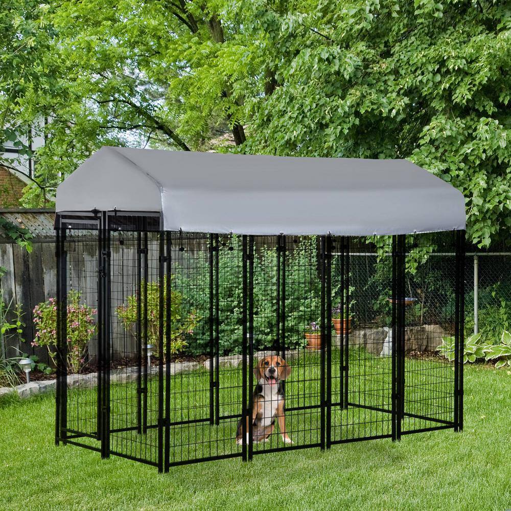 Large Black Metal Outdoor Dog Kennel with Tarp Cover