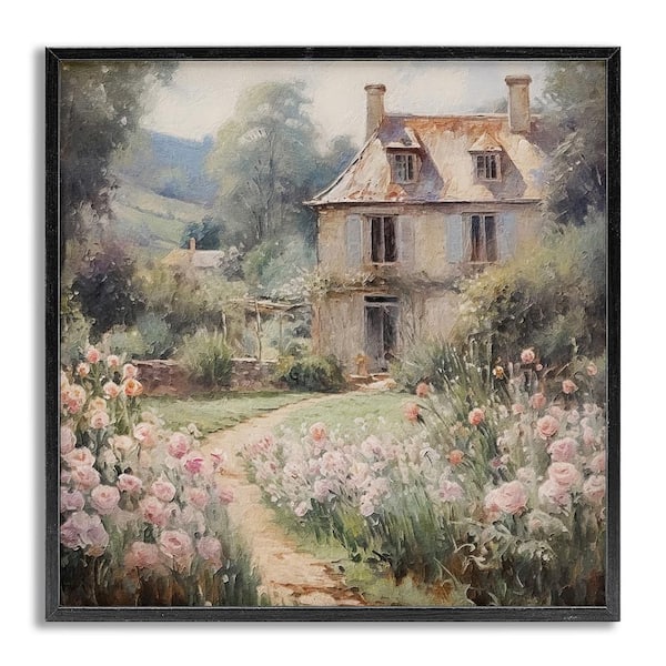French Garden Cottage by RileyB Gray Framed Giclee Art Print Nature 24 in. x 24 in.