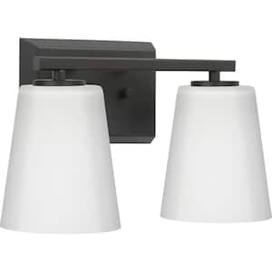 Vertex Collection 12.87 in. 2-Light Matte Black Etched White Glass Contemporary Vanity Light