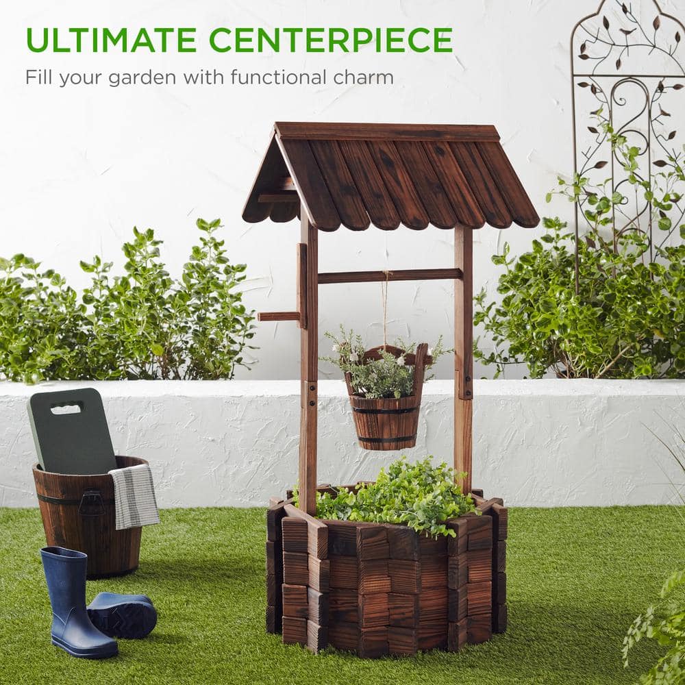 Rustic Fir Wood Wishing Well Planter with Hanging Bucket