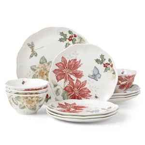 Butterfly Meadow Holiday 12-Piece White Multi-Colored Porcelain Dinnerware Sets Service for 4