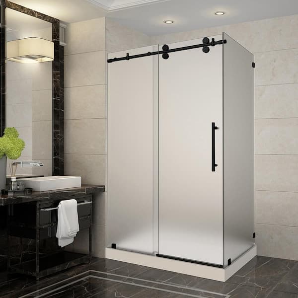 Aston Langham 48 in. x 77.5 in. x 35 in. Frameless Corner Sliding Shower Door in Matte Black with Frosted Glass, Left Drain