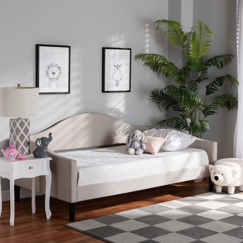 Elegant Twin Daybed with Tufted Beige Upholstery and Dark Brown Wood Frame