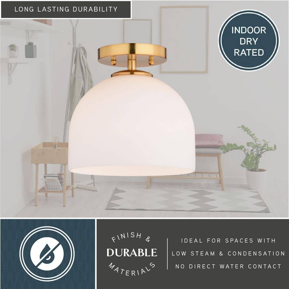 Shelby 9.25-Inch Brass and White Glass Semi-Flush Mount Light