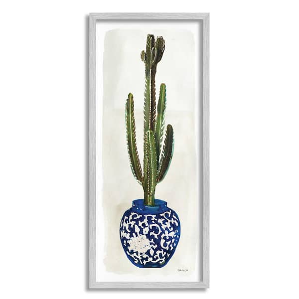 Stupell Industries "Cactus in Blue Ornate Vase Succulent Still Life" by Stellar Design Studio Framed Nature Wall Art Print 10 in. x 24 in.