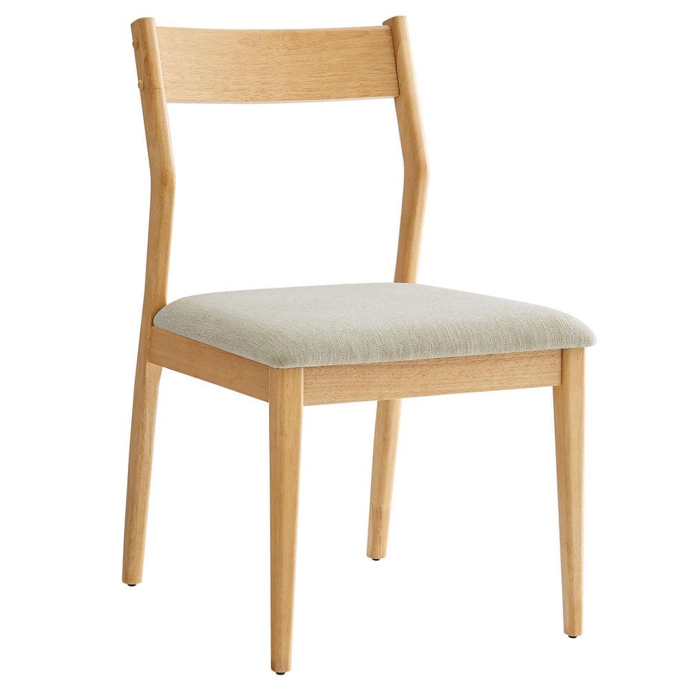 Natural Wood and Beige Upholstered Side Chair with Slat Back