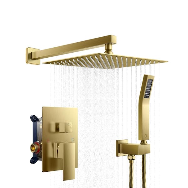 androme 12 in. 2-Jet High-Pressure Mixer Rainfall Shower System w/Wall Mount Square Head and Handheld in Gold (Valve Included)