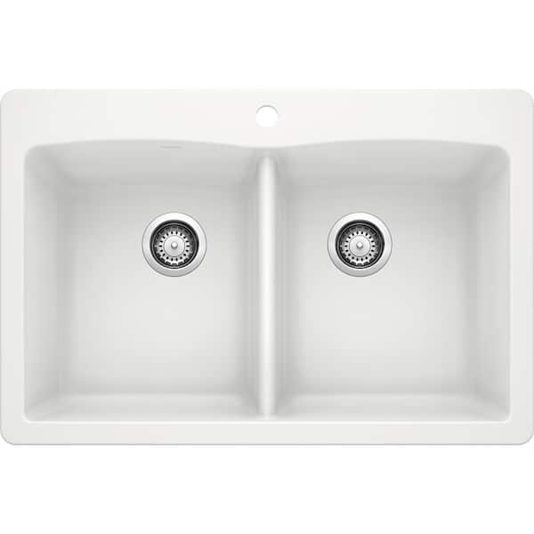 Blanco Diamond Dual-Mount Granite 33 in. 5-Hole 50/50 Double Bowl Kitchen  Sink in White 440221-5 The Home Depot
