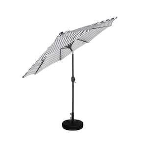 Marina 9 ft. Solar LED Market Patio Umbrella with Black Round Free Standing Base in Gray/White Stripe