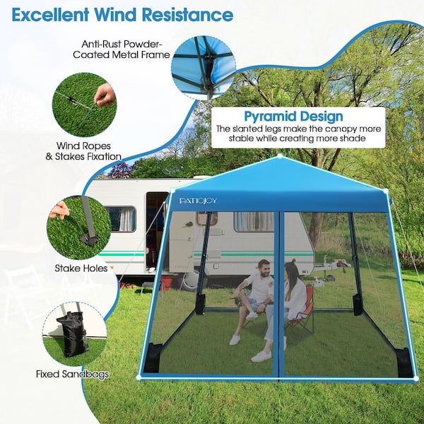 Costway 10 ft. x 10 ft. Blue Patio Outdoor Instant Pop up Canopy Slant Leg Mesh Tent Folding GHMHSKU00519 The Home Depot