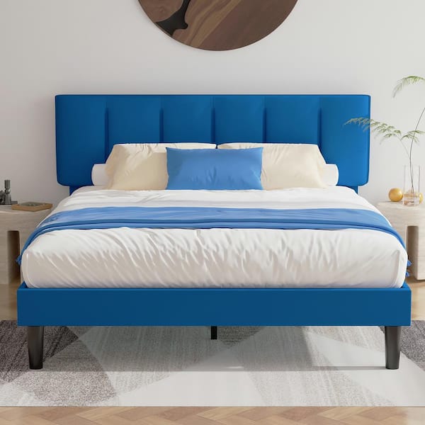 VECELO Upholstered Bedframe, Blue Metal Frame Queen Platform Bed with Adjustable Headboard, Wood Slat, No Box Spring Needed