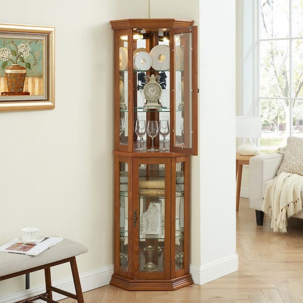 15.35 in x 15.35 in x 69.59 in 6 Shelf Oak MDF Ready to Assemble Diagonal Kitchen Cabinet with Adjustable Shelves lights