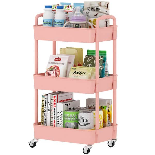 3-Tier Plastic -Wheeled Storage Utility Cart in Pink