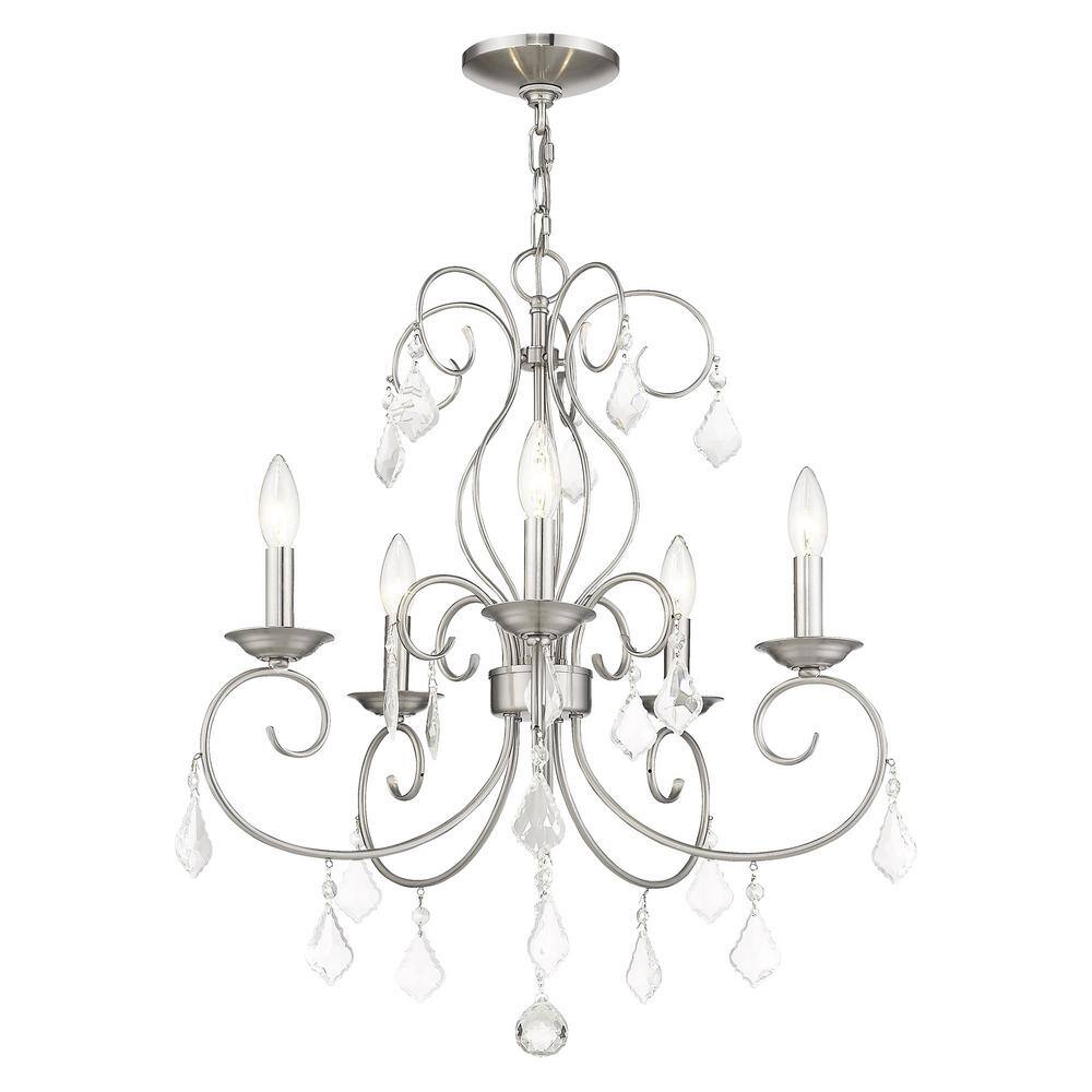 Mini Elegance 5-Light Brushed Nickel Chandelier with Clear Crystal Drops