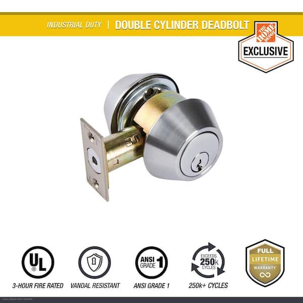 Industrial Duty Commercial Double Cylinder Deadbolt, UL 3-Hour Fire ANSI Grade 1, Satin Chrome Finish