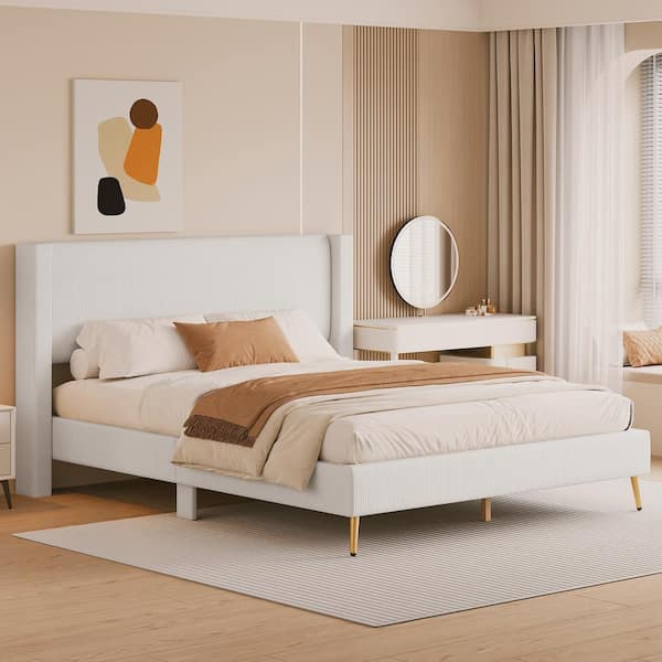 Harper & Bright Designs Beige Wood Frame Queen Size Corduroy Platform Bed with Metal Legs