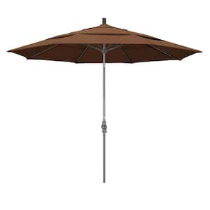 11 ft. Hammertone Grey Aluminum Market Patio Umbrella with Collar Tilt Crank Lift in Teak Sunbrella