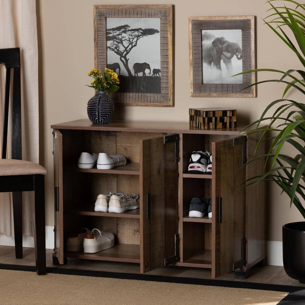 Rustic Brown Wood 3-Door Shoe Cabinet with Metal Accents