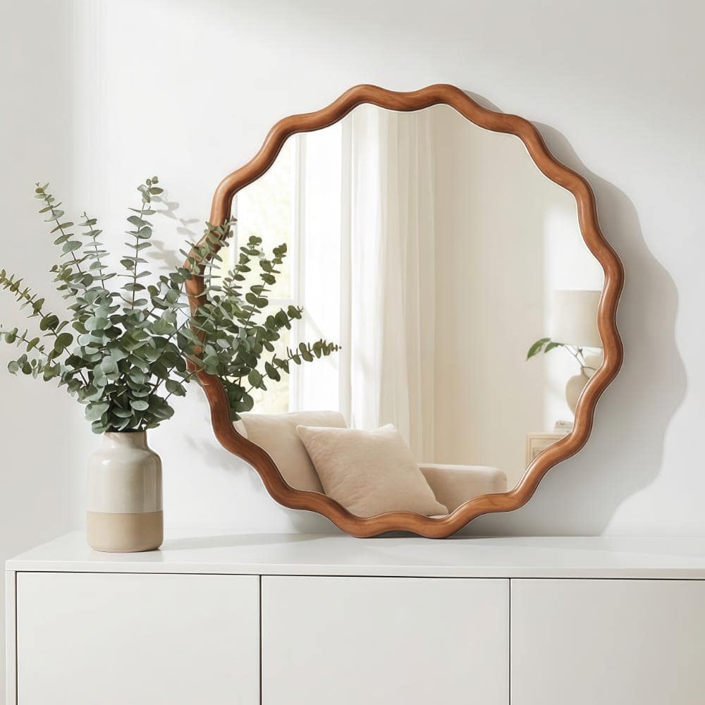24 in. W x 24 in. H Wavy Round Solid Wood Frame Decorative Mirror in Yellowish-Brown