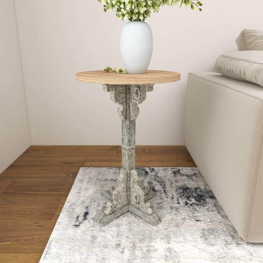 Gray Intricately Carved Scroll Round Wood Accent Table - 15" x 23"