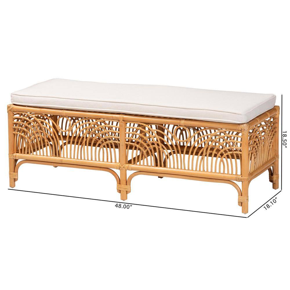 Materra Natural Brown Rattan Bench with Plush White Cushion