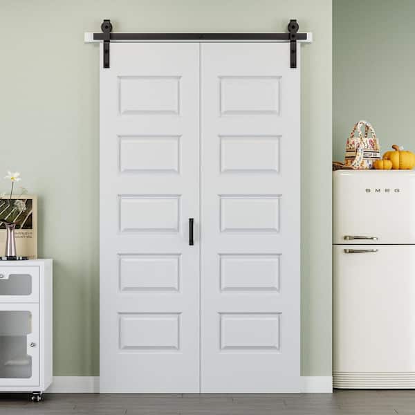48 in. x 84 in. Paneled 5-Lite White Primed MDF Composite Bi-fold Sliding Barn Door with Hardware Kit and Handle