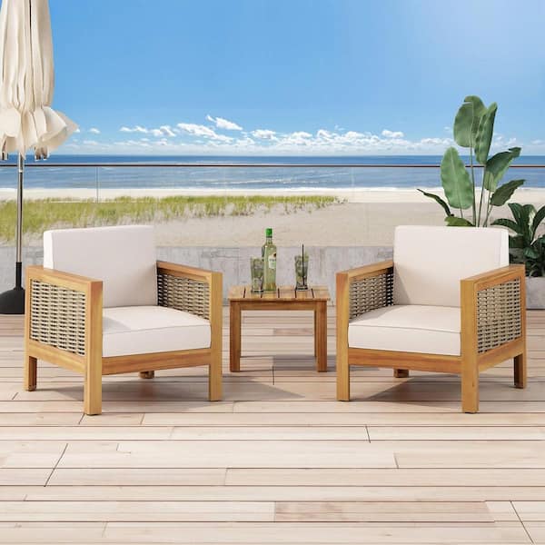 Set of 2 Patio Club Chair Teak Wicker Accents Wood Outdoor Lounge Chair with Beige Cushion for Backyard or Patio Space