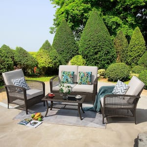 Rattan 4-Piece Outdoor Wicker Sofa Set Patio Conversation set with Beige Cushions