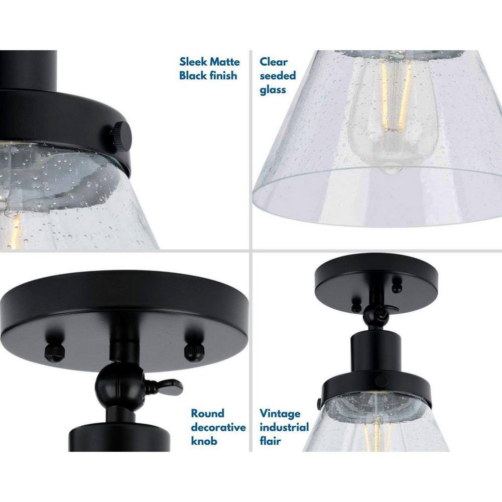 Matte Black and Seeded Glass Industrial Flush Mount Ceiling Light