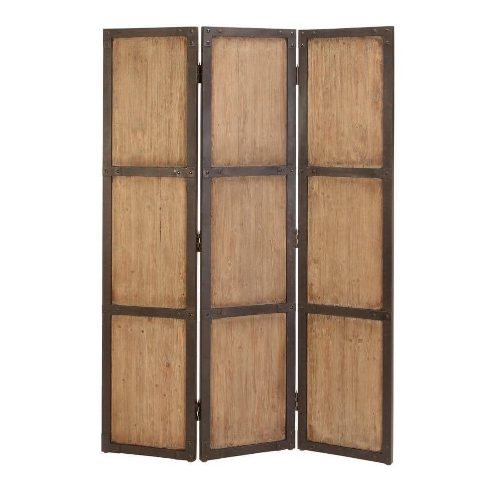 Brown Fir Wood and Metal 3-Panel Folding Privacy Screen