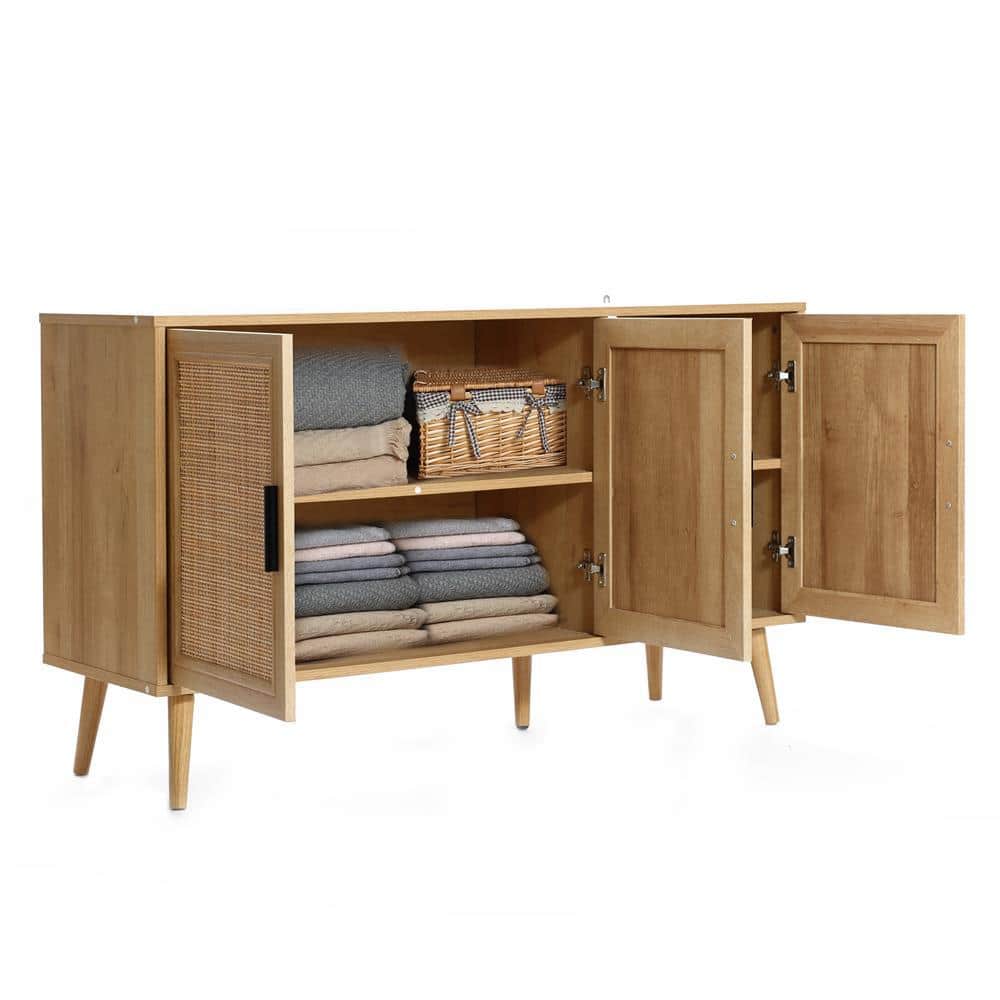 Light Oak 3-Door Rattan and Wood Sideboard Cabinet