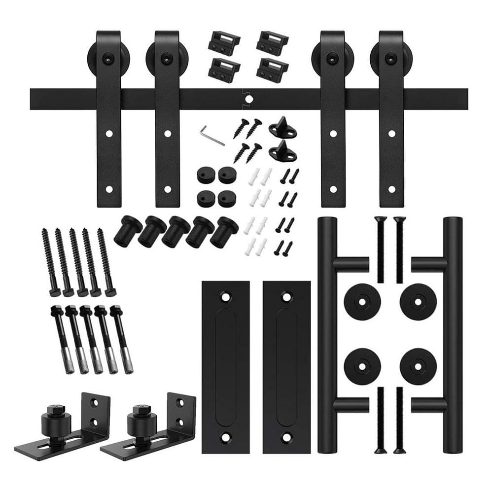 9 ft./108 in. Matte Black J-shaped Double Barn Door Hardware Kit with Two Handles price history on PriceWatchPro