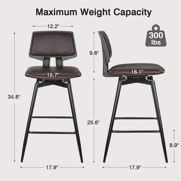 Swivel Bar Stools Set of 2, 34.8 in. Metal Brown Counter Height Bar Chairs for Kitchen Island or Home Bar