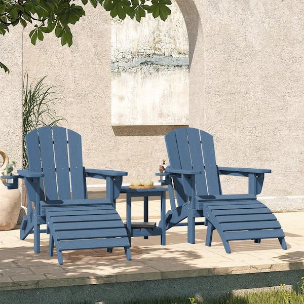 JEAREY Navy Outdoor 5-Piece HDPE Plastic Patio Chat Set, 2-Adirondack Chairs with Side Table and 2-Folding Ottomans