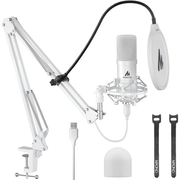 USB Condenser Microphone with Boom Arm, Professional Sound Chipset for Recording, Gaming, Singing in White
