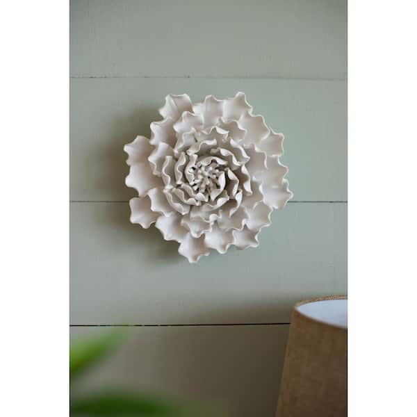 Vsmile 7.3 x 2.8 in. Cream White Sculpture Ceramic Flower Wall