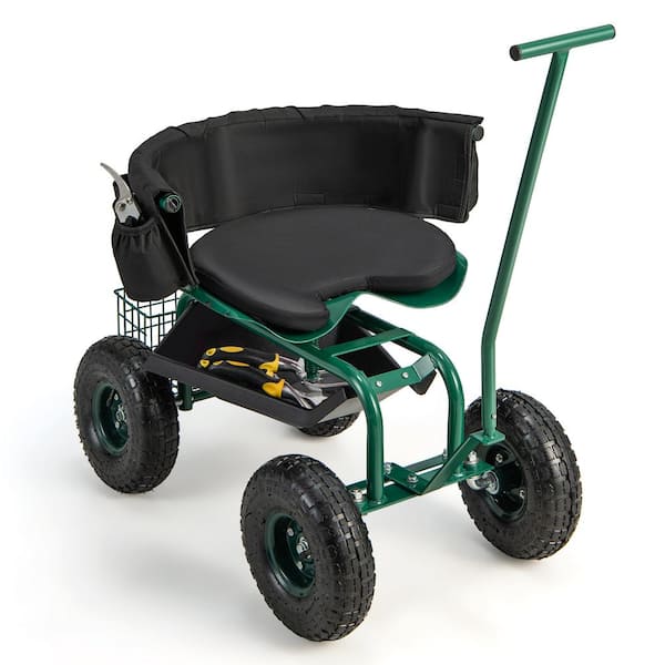 ANGELES HOME 35.5 in. Dia Green Metal Rolling Garden Cart with Height Adjustable Swivel Seat and Storage Basket