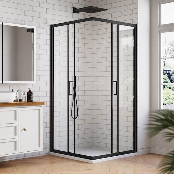 36 in. W x 72 in. H Square Double Sliding Framed Corner Shower Enclosure in Matte Black with 1/4 in. Clear Glass