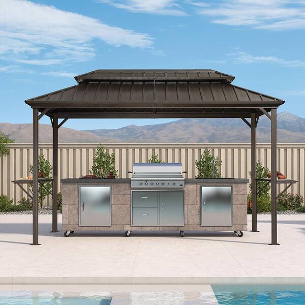 Aluminum Outdoor 6.5 ft. x 12 ft. Hardtop Grill Gazebo Permanent Metal Roof with 2 Side Shelves Deck BBQ Canopy