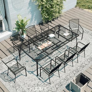 9-Piece Black Steel Mesh Dining Chair Rectangle Table 28.3 in. Height Outdoor Dining Set