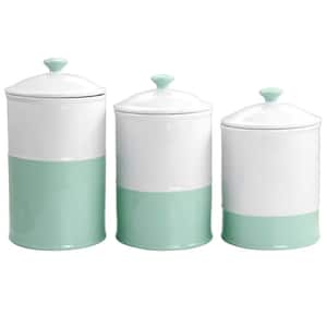 Stoneware Ceramic Canister and Lid 3-Piece Set in Mint and White