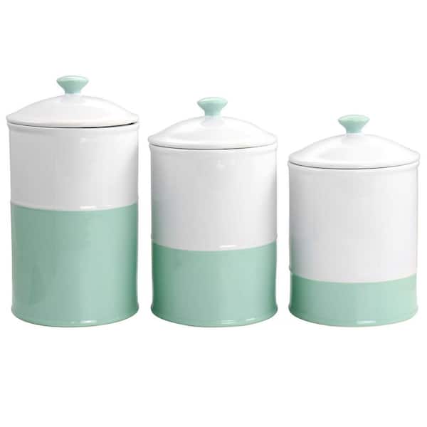 MARTHA STEWART Stoneware Ceramic Canister and Lid 3-Piece Set in Mint and White