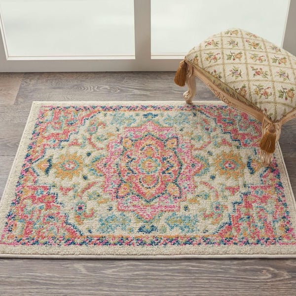 Passion Ivory/Pink doormat 2 ft. x 3 ft. Persian Modern Transitional Kitchen Area Rug