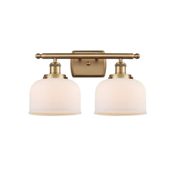 Innovations Bell 18 in. 2 Light Brushed Brass, Matte White Vanity Light with White Glass Shade