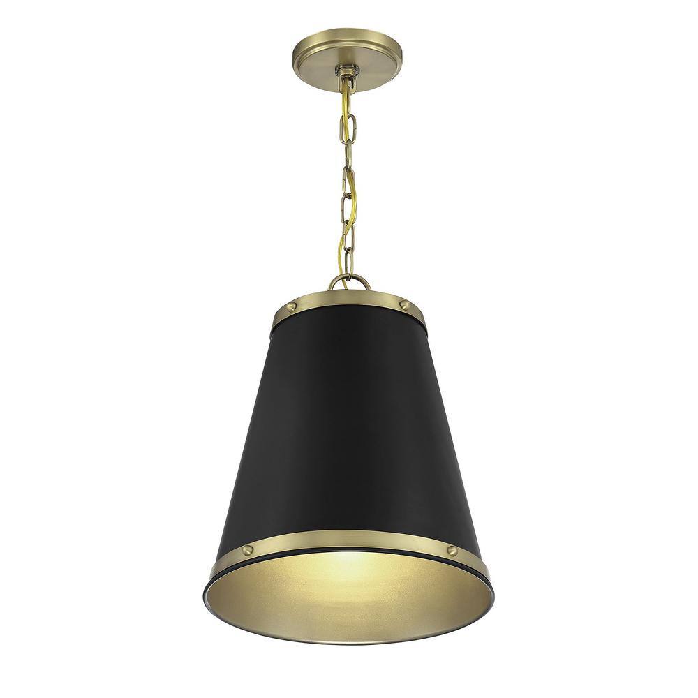 Matte Black and Natural Brass 1-Light Pendant with Glass Accents