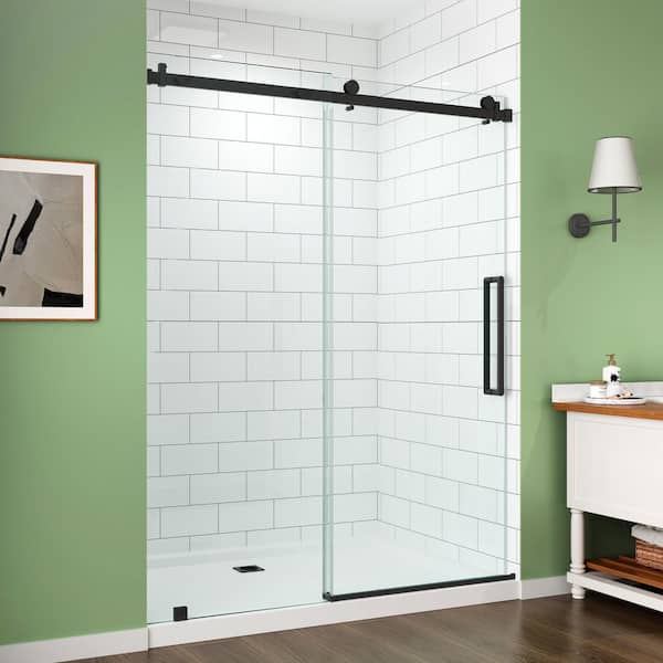 56 in. - 60 in. W x 76 in. H Sliding Frameless Shower Door in Matte Black with 5/16 in. (8 mm) Clear Glass