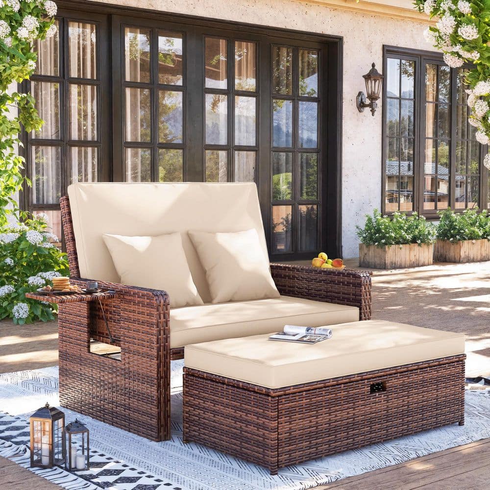 All-Weather PE Wicker Outdoor Day Bed with Beige Cushions and Storage Ottomans/Patio Loveseat with Adjustable Backrest price history on PriceWatchPro